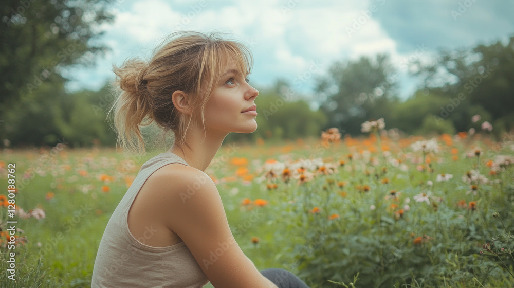 French woman sitting and relaxing enjoying green meadow with wildflowers in full bloom French woman sitting and relaxing enjoying green meadow with wildflowers in full bloom