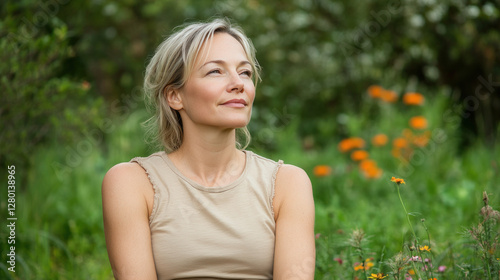 Blond woman sitting and relaxing enjoying green meadow with wildflowers in full bloom