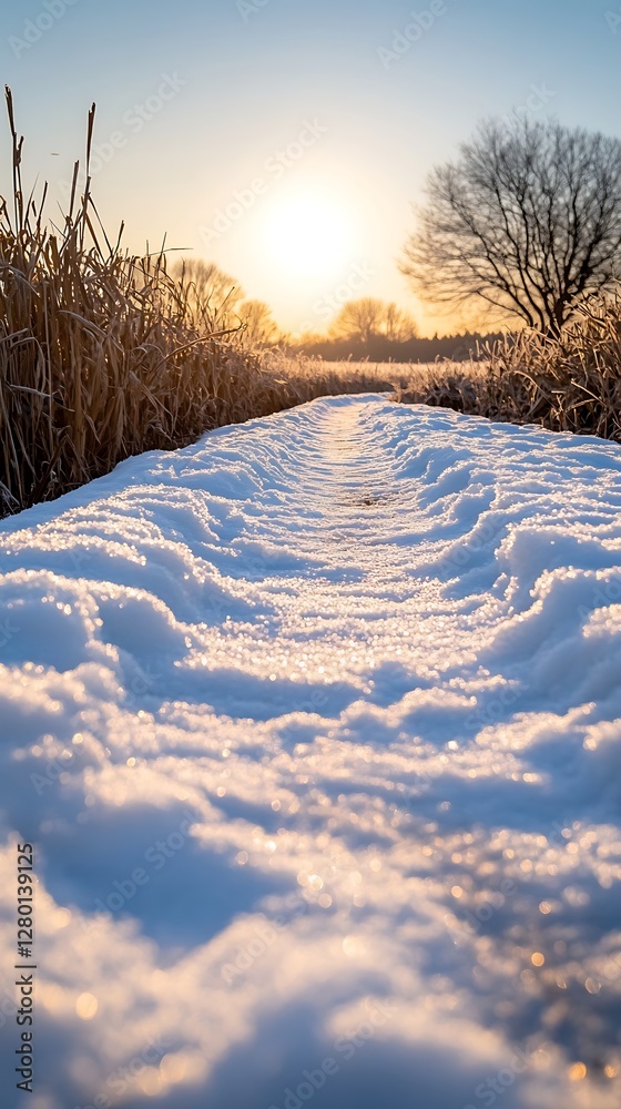 Snowy path at sunrise through frosted reeds Snowy path at sunrise through frosted reeds