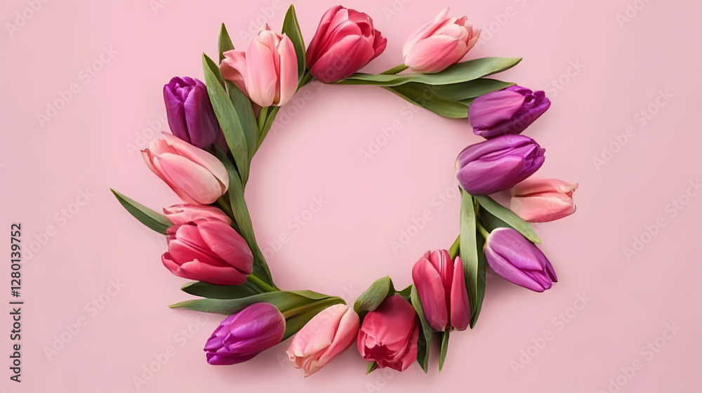Circular Pattern of Pink and Purple Tulips on a Pink Background Circular Pattern of Pink and Purple Tulips on a Pink Background