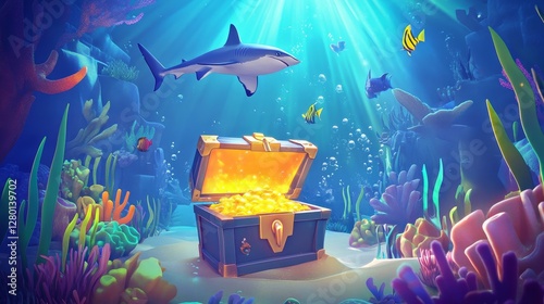 Treasure Chest Surrounded by Colorful Fish and Coral in a Vibrant Underwater Scene