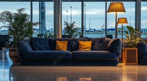 Cozy Lounge Area With Plants and Warm Lighting in an Airport During Early Morning Hours