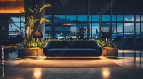 Cozy Lounge Area With Plants and Warm Lighting in an Airport During Early Morning Hours