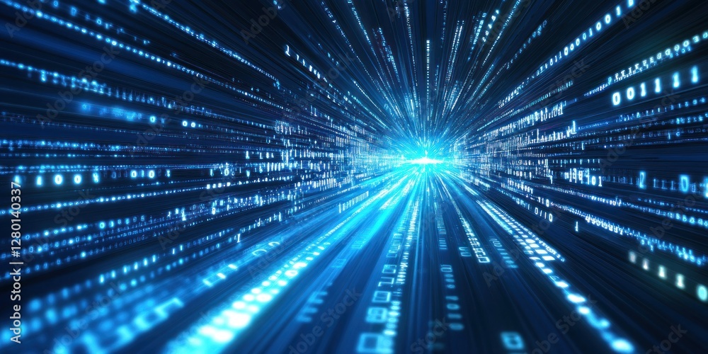 Abstract digital data tunnel, fast speed, glowing blue binary code. Abstract digital data tunnel, fast speed, glowing blue binary code.