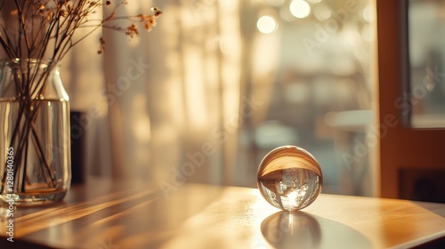 Sunlight Reflects Through a Crystal Ball on a Wooden Table Beside a Vase of Dried Flowers in a Cozy Indoor Setting