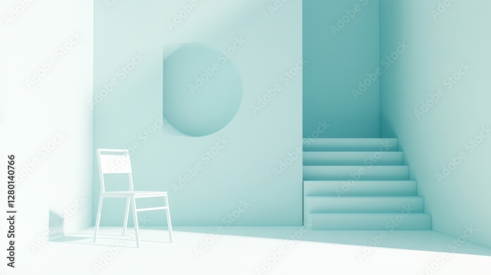 Fototapeta premium Minimalist interior design featuring a white chair, geometric shapes, and soft lighting