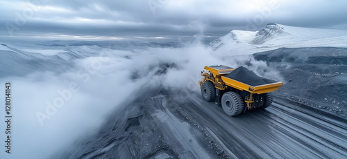 Mining site, mining industry scenes. Heavy machinery.