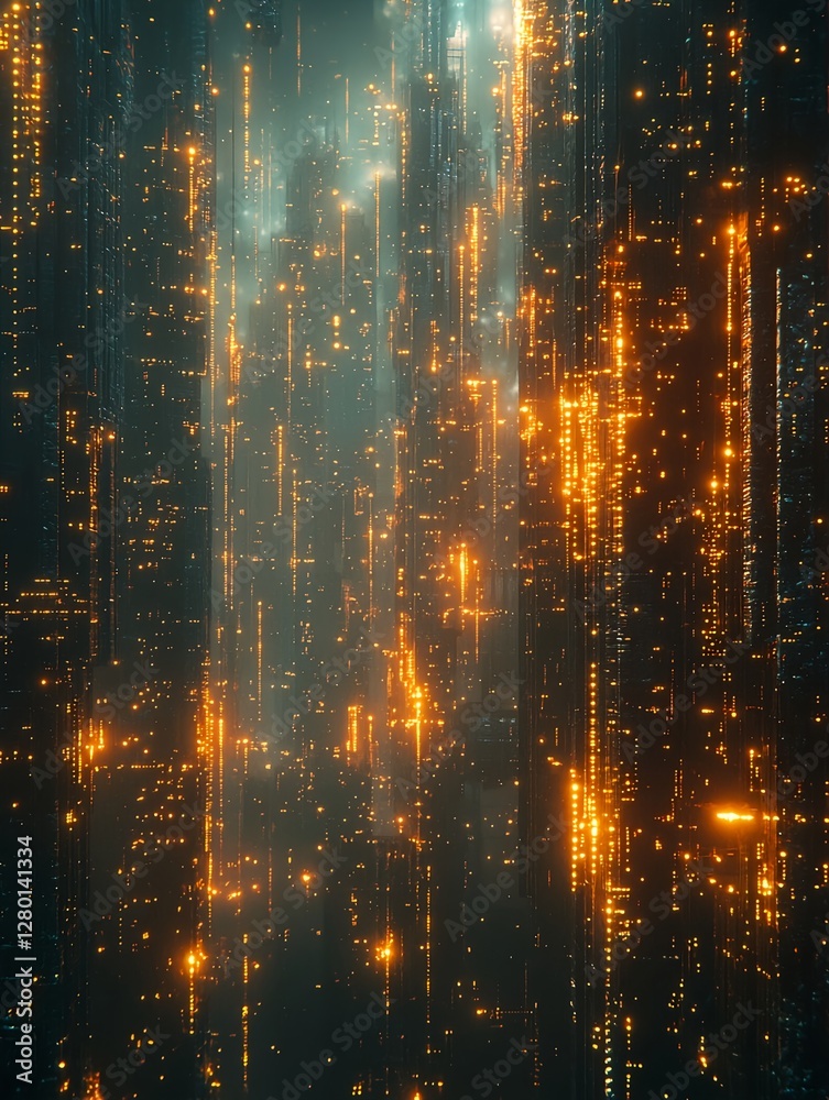 Fototapeta premium A digital cityscape of glowing cubes in a cyberpunk style with cinematic lighting