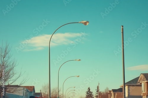 A long shot of streetlights fading into the distance under a calm and cloudless blue sky.