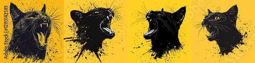 Black Cats Head with Open Mouths Growling Four Portraits Vector Ink Splatter Dark Grunge Style Felines
