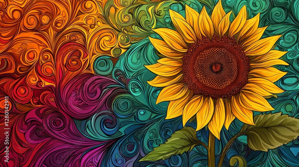 Vibrant Sunflower Surrounded by Colorful Swirling Patterns in Artistic Design and Bright Shades of Orange and Green Vibrant Sunflower Surrounded by Colorful Swirling Patterns in Artistic Design and Bright Shades of Orange and Green