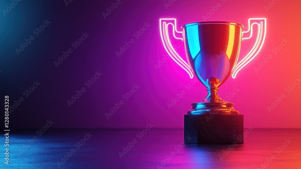 futuristic award shimmering trophy lit by vibrant neon lights on dark surface perfect victory symbol futuristic award shimmering trophy lit by vibrant neon lights on dark surface perfect victory symbol