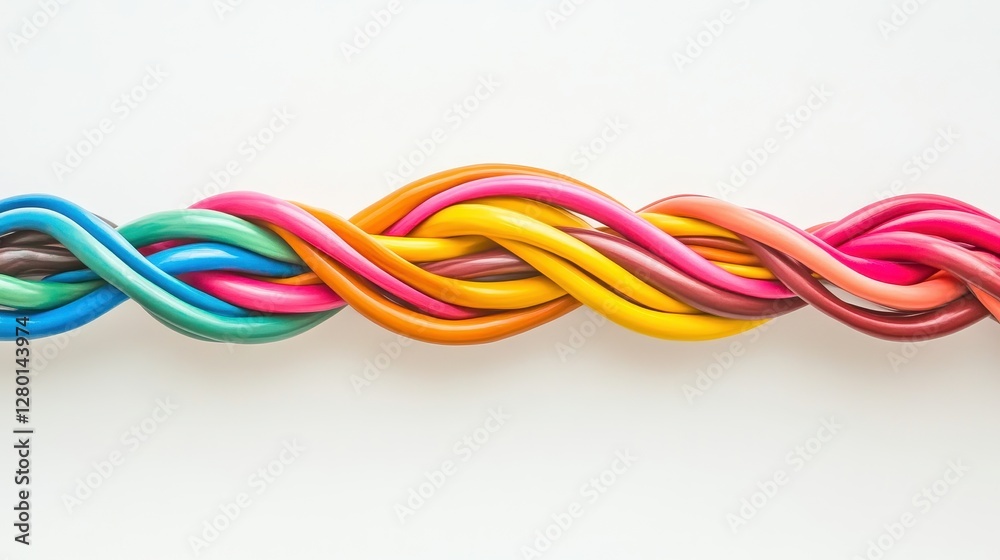 Vibrant strands of modeling clay are twisted together on a clean white background Vibrant strands of modeling clay are twisted together on a clean white background