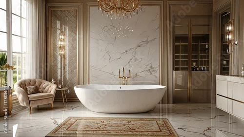 A luxurious bathroom with a freestanding tub, chandelier, and elegant marble finishes.