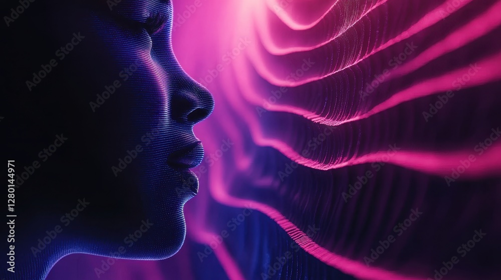 Fractal Portrait of a Face with Neon Wave Patterns in Background Fractal Portrait of a Face with Neon Wave Patterns in Background