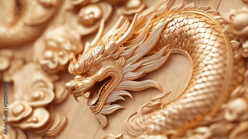 Golden Dragon Wood Carving, Asian Panel, Intricate Detail, Background Texture, Design Element
