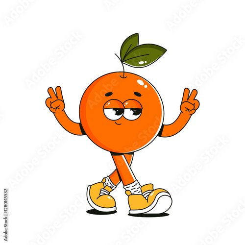Funky groovy retro orange character. Comic mascot of walking fruit with happy smile face, hands and feet. Summer isolated vector illustration