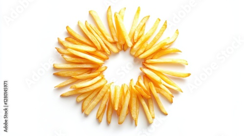French fries are artistically arranged in a circular pattern, showcasing their golden color