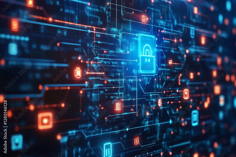 Advanced cybersecurity system with multiple layers of protection, including firewalls and encryption, illustrated on a digital network background
