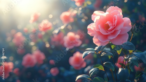 Pink Roses in Sunlight Garden; Beautiful Floral Background for Spring; Decorative Image for Design Projects photo