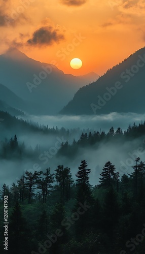Misty Mountain Sunrise over Forest Valley photo