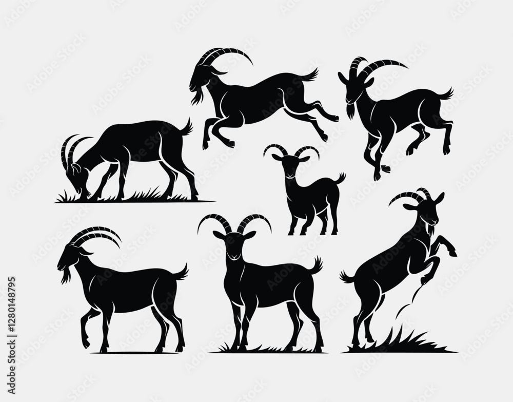 Fototapeta premium Goat Vector Silhouettes in Various Poses