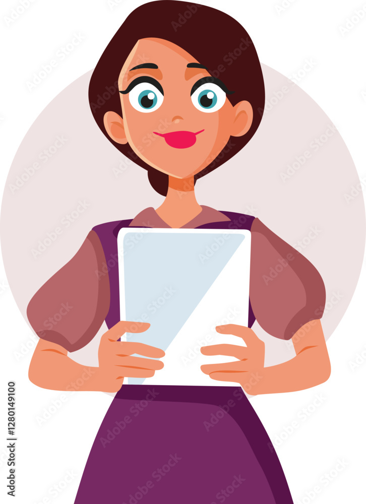 Smiling Woman Holding a PC Tablet Vector Cartoon Illustration. Professional corporate office worker holding a tech device
Smiling Woman Holding a PC Tablet Vector Cartoon Illustration. Professional corporate office worker holding a tech device