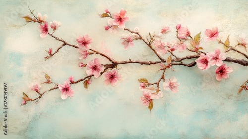 Serene Pink Blossom Branch on Textured Canvas