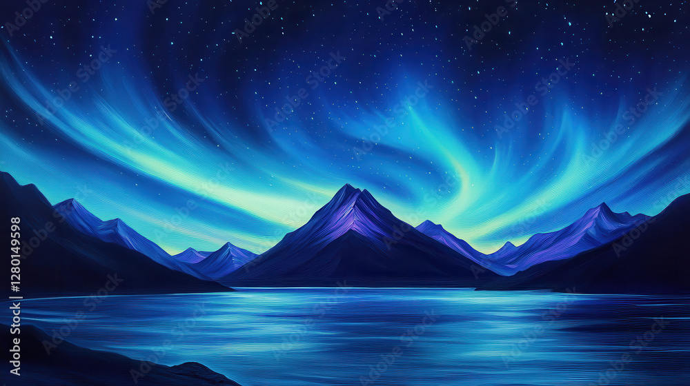 Fototapeta premium A starry night with an ethereal display of shifting auroras, their colors dancing over a lone mountain peak in the distance