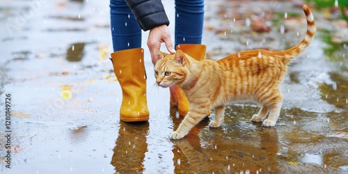 Generative AI, Heartwarming Bond Between an Elderly Woman and a Cat in the Rain photo