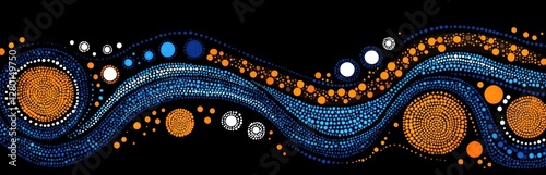 Abstract dot painting of flowing water with orange and blue circles on black background.