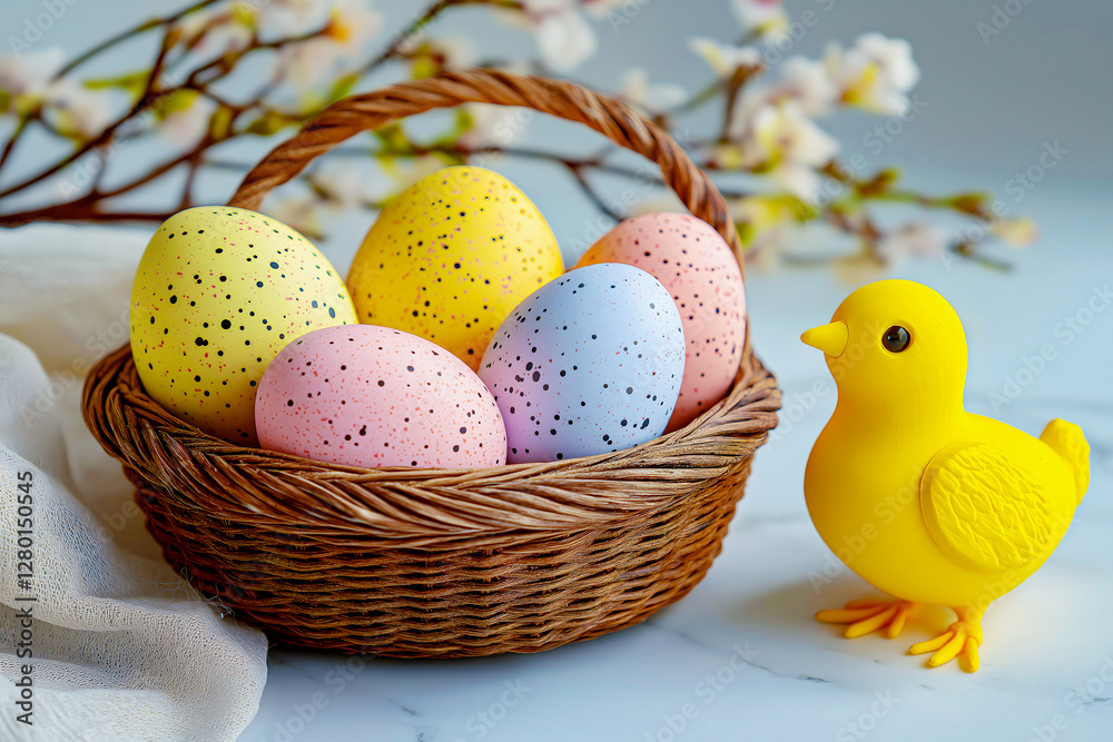 A wicker basket holds pastel-colored Easter eggs with speckles, accompanied by a cheerful yellow chick. The setting showcases delicate flowers, evoking a festive spring atmosphere A wicker basket holds pastel-colored Easter eggs with speckles, accompanied by a cheerful yellow chick. The setting showcases delicate flowers, evoking a festive spring atmosphere