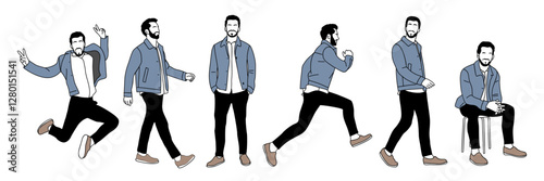 Set of Businessman character in different poses. Handsome bearded man wearing casual outfit standing, walking, sitting, front, side view. Vector realistic illustration isolated