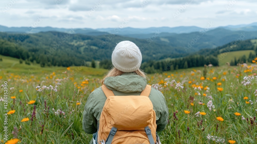 Woman Hiking, Mountain View, Meadow, Contemplation, Outdoor Recreation Woman Hiking, Mountain View, Meadow, Contemplation, Outdoor Recreation