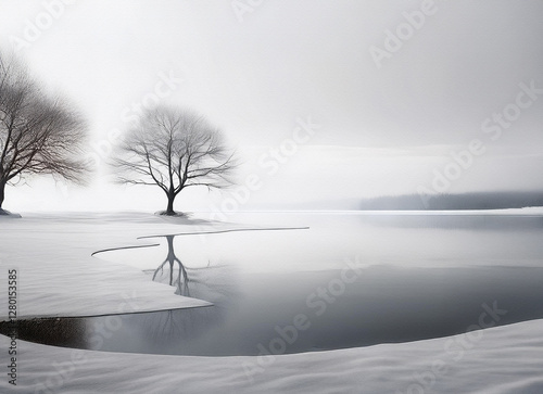 Serene winter scene with snow-covered ground and bare trees reflecting in calm water. Soft, hazy grey sky background creates a peaceful, minimalist landscape. photo