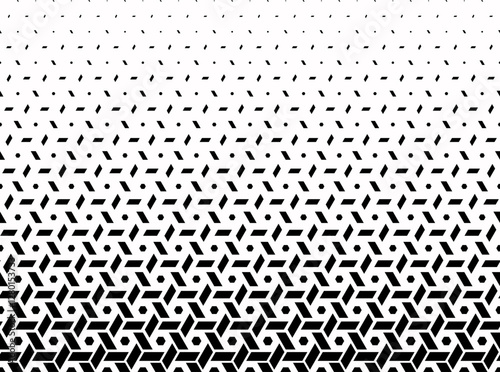 Geometric pattern of black figures on a white background.Seamless in one direction.Option with an AVERAGE fade out. 