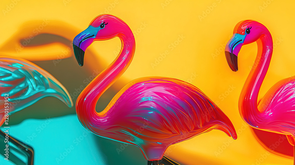 Fototapeta premium Flamingo toys in motion, vibrant orange and blue tones, cheerful and creative composition.