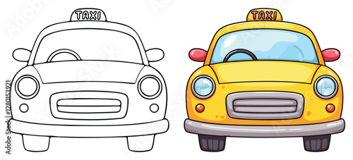 Taxi Car Isolated Line Art Vector Outline Illustration Black and White with Coloring Sample