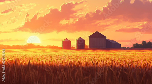 A golden wheat field with silos and barns in the background at sunset, photo