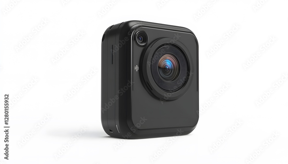 Compact black action camera with a wide lens and microphone Compact black action camera with a wide lens and microphone