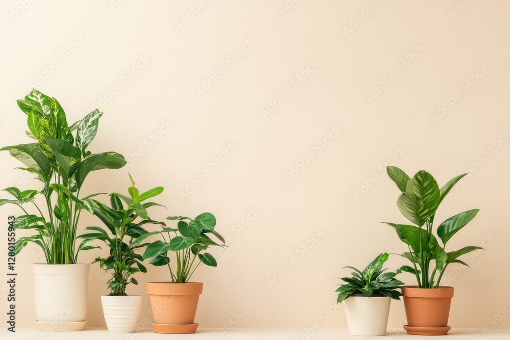 Fototapeta premium A minimalist arrangement of various potted houseplants on a soft beige background, with space for text or branding