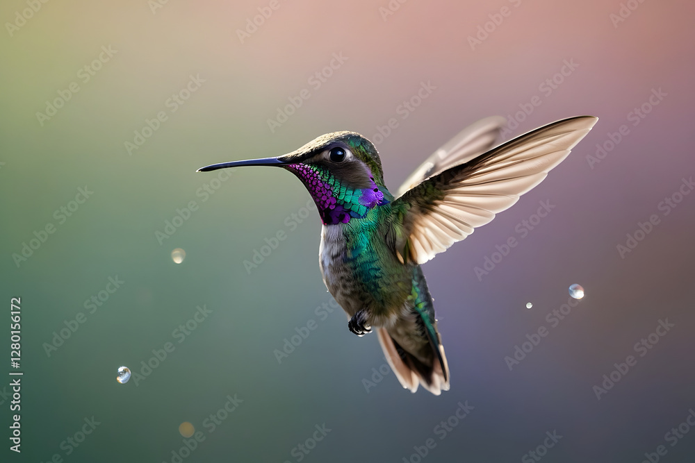 Fototapeta premium A tiny, iridescent hummingbird hovering mid-air with its wings a delicate blur of motion