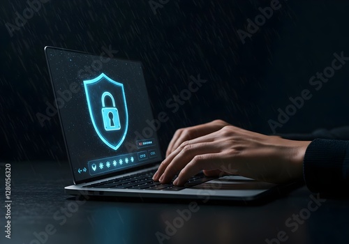 Cybersecurity concept. Hand typing on laptop with glowing padlock and password symbols, cyber security, data protection, and secure online access. data-fille environment, information privacy