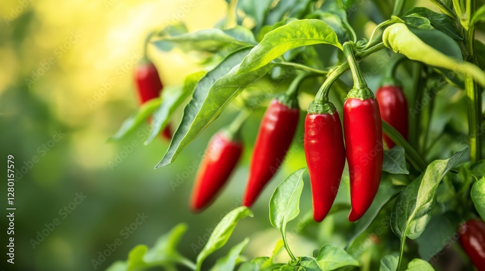 Ripe red chili peppers on plant in sunny garden Ripe red chili peppers on plant in sunny garden