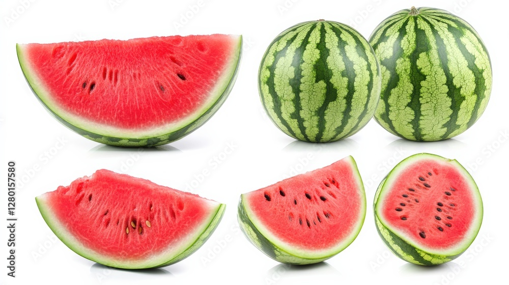 Freshly cut watermelon slices displayed with whole watermelons in the background, showcasing vibrant colors