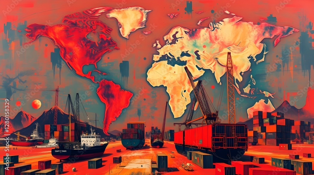 Obraz premium Global Trade Hub: A stylized world map merges with a bustling port scene, showcasing shipping containers, cranes, and cargo ships. symbolizing the interconnectedness of global trade and commerce.