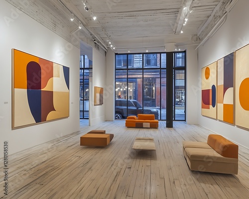 Modern art gallery interior with colorful abstract paintings photo