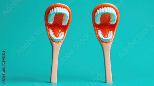 Colorful dental model showing open mouths with teeth, set against a bright turquoise background photo