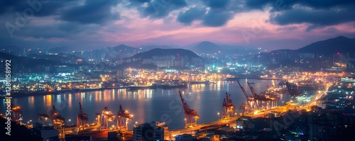 Incheon Port at dusk, with illuminated cranes and ships gently rocking in the harbor, set against the night sky