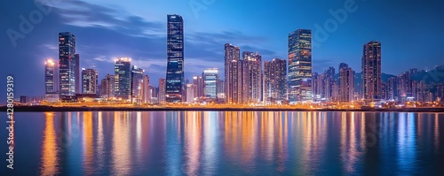 The skyline of Busan Financial District at night, with illuminated skyscrapers and bright city lights reflecting on the bustling streets